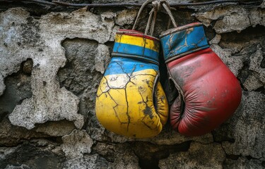 Boxing gloves with the flags of Ukraine and Russia hanging on an old