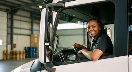 Smiling African-American female truck driver in logistics warehouse environment