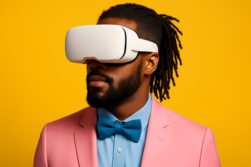 Young man wearing virtual reality headset in colorful outfit against bright yellow backdrop Generative AI