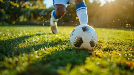 Young athletes playing football on sunny grass field showing energy and passion