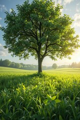 A lush tree stands in a sunlit green field with scattered clouds and a distant vehicle in view, capturing peaceful nature and vibrant life, vertical composition