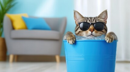 Tabby cat wearing sunglasses relaxing in blue bucket filled with ice, cat chills in a blue bucket with ice, enjoying summer.