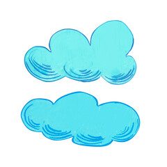 A two blue fluffy cloud on a white background. Watercolor illustration in cartoon style set. The children's cloud. Suitable for children books, weather theme projects, fantasy backgrounds, postcards.