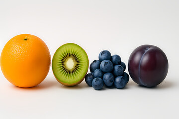 Fresh fruits arranged in colorful display showcasing kiwi, orange, blueberries, and plum on white background Generative AI