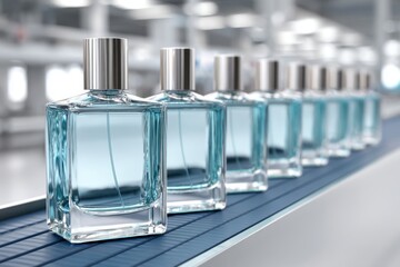 Blue perfume bottles on conveyor belt in factory, glass perfume bottles in production line.