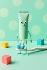 Creative toothpaste character holding a toothbrush surrounded by colorful blocks in a playful setting Generative AI