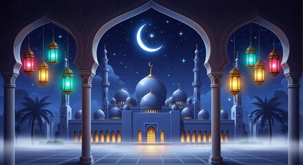 Mosque at night with historic architecture and stone details