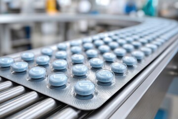 Blister pack of round, light blue pills on a conveyor belt in a sterile factory setting, ready for packaging.