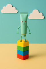 Creative toy figure balancing on colorful building blocks with a playful background design during a bright indoor setting Generative AI