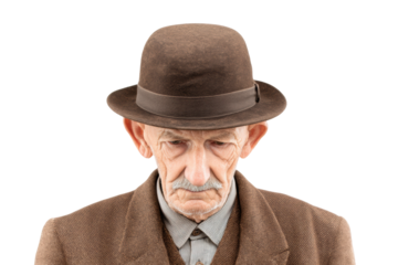PNG Elderly caucasian male in brown hat and suit with bowed head
