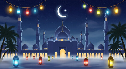 Night view of a beautifully lit mosque with domes and historic architecture