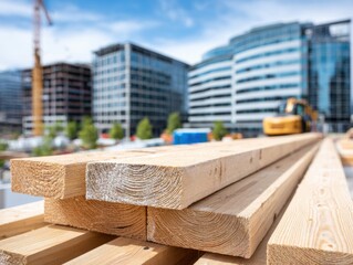 Stacked lumber in focus, blurred buildings and crane in background, suggesting construction site activity.