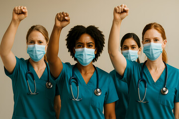 Healthcare workers unite in solidarity during challenging times with raised fists and protective masks Generative AI