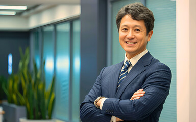 Smiling Asian Businessman in Formal Suit with Folded Arms Corporate Leadership Portrait in Office