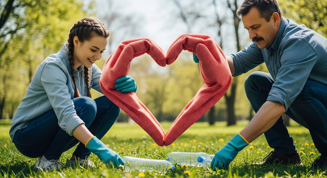 Keep America Beautiful Week: Father and Daughter Volunteers Cleaning Up Park, Forming Heart with Gloves and Collecting Plastic Bottles