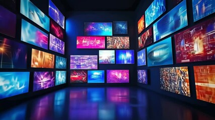 Vibrant room filled with multiple digital screens displaying abstract patterns and pixelated graphics. - Powered by Adobe