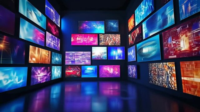 Vibrant room filled with multiple digital screens displaying abstract patterns and pixelated graphics. - Powered by Adobe