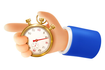 Hand holding stopwatch. 3D realistic hand holds golden timer. Concept of deadline, start, punctuality, time management, productivity and work optimization. Vector illustration
