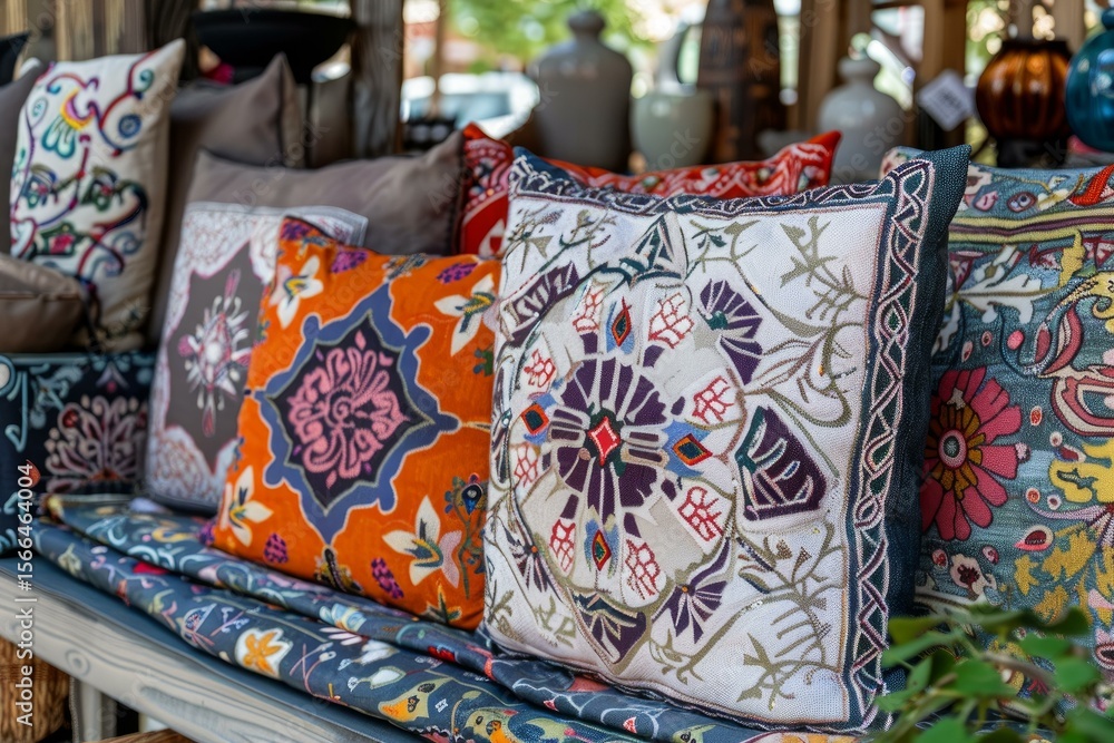 Poster embroidered cushions showcasing intricate traditional patterns create a vibrant and inviting display
