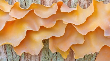 Obraz premium Close-Up of Vibrant Orange Fungi Growing on Tree Bark Texture
