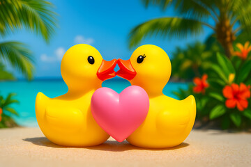 Cute rubber ducks kissing by the beach with a pink heart at sunset surrounded by lush tropical plants Generative AI