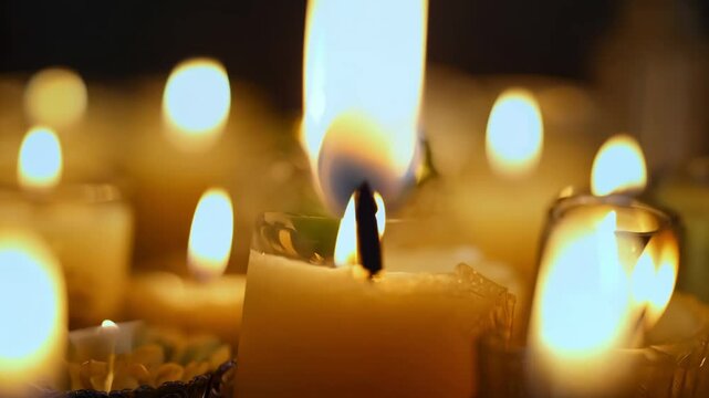 Lit Easter Candle Arrangement on Church Altar with Soft Glowing Ambience, Slow Zoom In Medium Shot