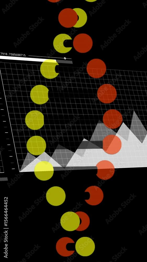 Poster animation of graphs and charts over colorful circular patterns on black background