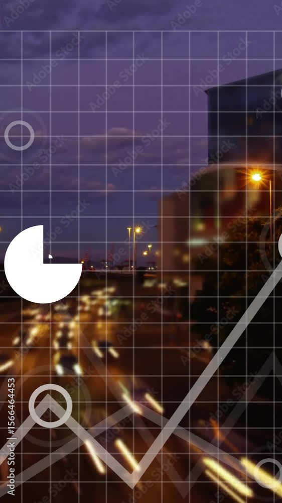 Poster animation of data visualization graphics overlaying cityscape with blurred traffic lights