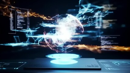 Futuristic digital workspace showcasing a holographic globe with data streams and coding background - Powered by Adobe