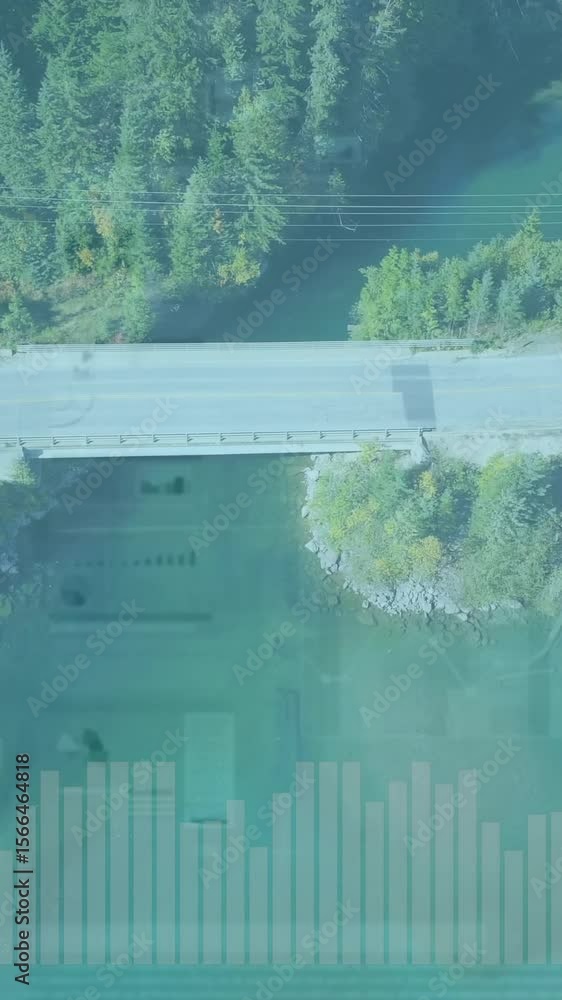 Poster aerial view of road over water with data processing animation overlay