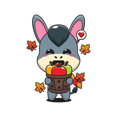 Cute donkey holding a apple in wood bucket in autumn day cartoon vector illustration