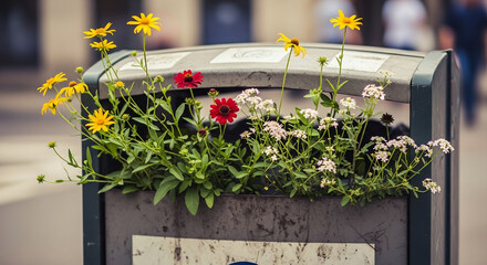 Floral Arrangement in Public Trash Can for Keep America Beautiful Week