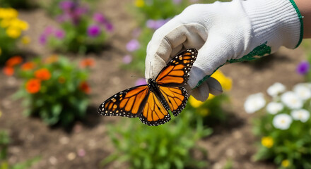 Monarch Butterfly on Glove in Flower Garden for Keep America Beautiful Week