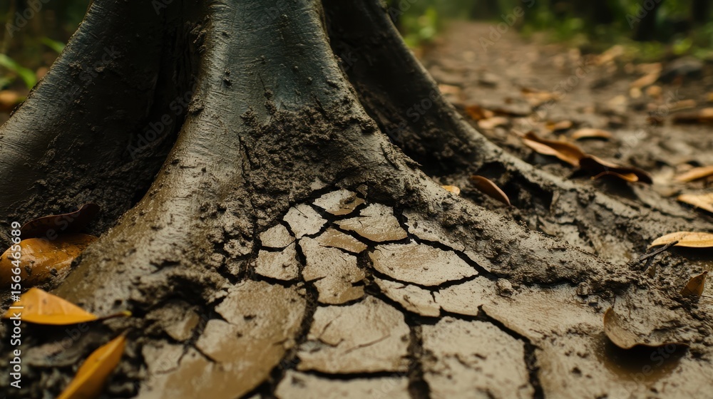 Poster close-up view of tree roots on cracked earth in forest setting