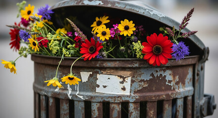 Keep America Beautiful Week: Flowers Blooming in Rusty Trash Can, Symbol of Renewal and Environmental Awareness