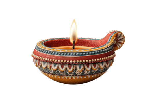 PNG Colorful decorative clay diya with flame for traditional celebrations