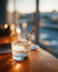 Refreshing ice water sits, cool drink, ready to be enjoyed