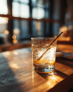 Empty glass shows sadness of unfinished drink on table at sunset light