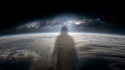 A time-lapse of Earth from space with a fading human silhouette, symbolizing a historic cosmic moment.