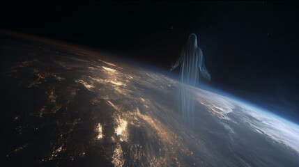 A time-lapse of Earth from space with a fading human silhouette, symbolizing a historic cosmic moment.