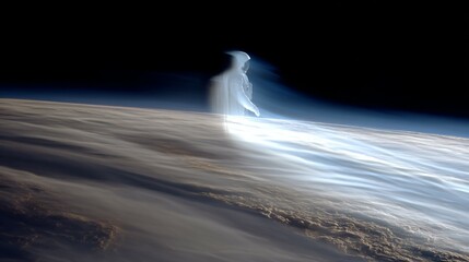 A time-lapse of Earth from space with a fading human silhouette, symbolizing a historic cosmic moment.