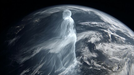 A time-lapse of Earth from space with a fading human silhouette, symbolizing a historic cosmic moment.