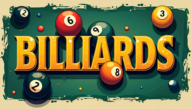 Billiard club banner design with billiard balls. Colorful illustration with the text word BILLIARDS.