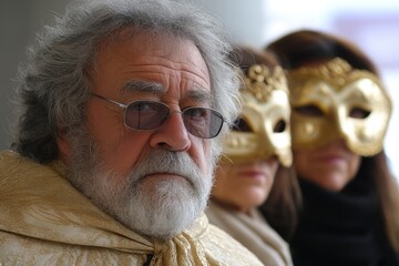 A man with a white beard and glasses wearing a gold mask
