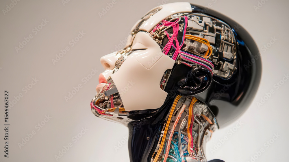 Poster representation of humanoid artificial intelligence: a robotic head with complex internal wiring and 