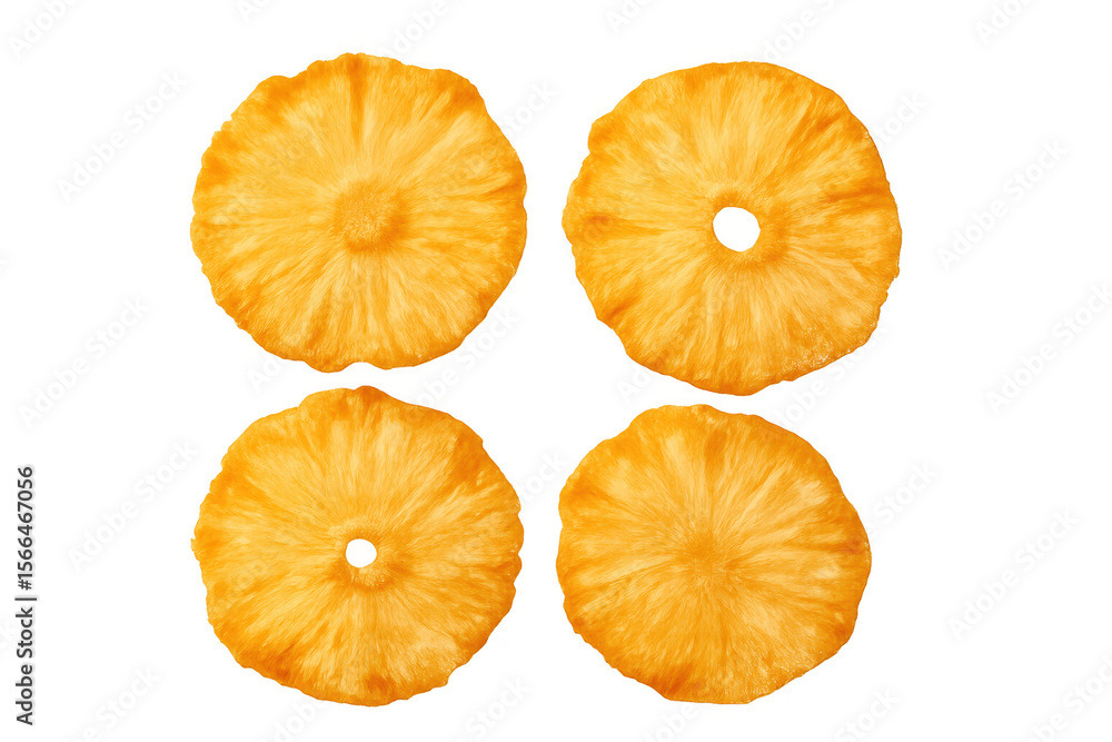 Poster close-up of four round slices of dehydrated pineapple showing texture and hole, isolated on transpar