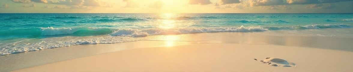 Obraz premium A luxurious, shimmering expanse of golden white sand reflects the sun's rays, creating a breathtaking, pristine beach scene Perfect for travel, nature, and luxury-themed projects , sun, background