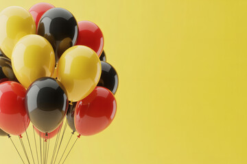 a dynamic cluster of black, yellow, and red balloons against a bright yellow background with copy space