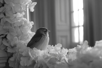 A small bird sitting on top of a bunch of flowers