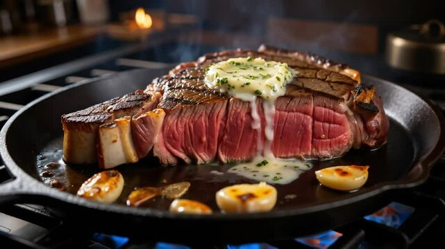 Rare ribeye steak in skillet with butter and roasted garlic
